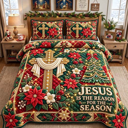 Jesus Poinsettia Cross 3-Piece Quilted Bedding Set GFTONTD3822
