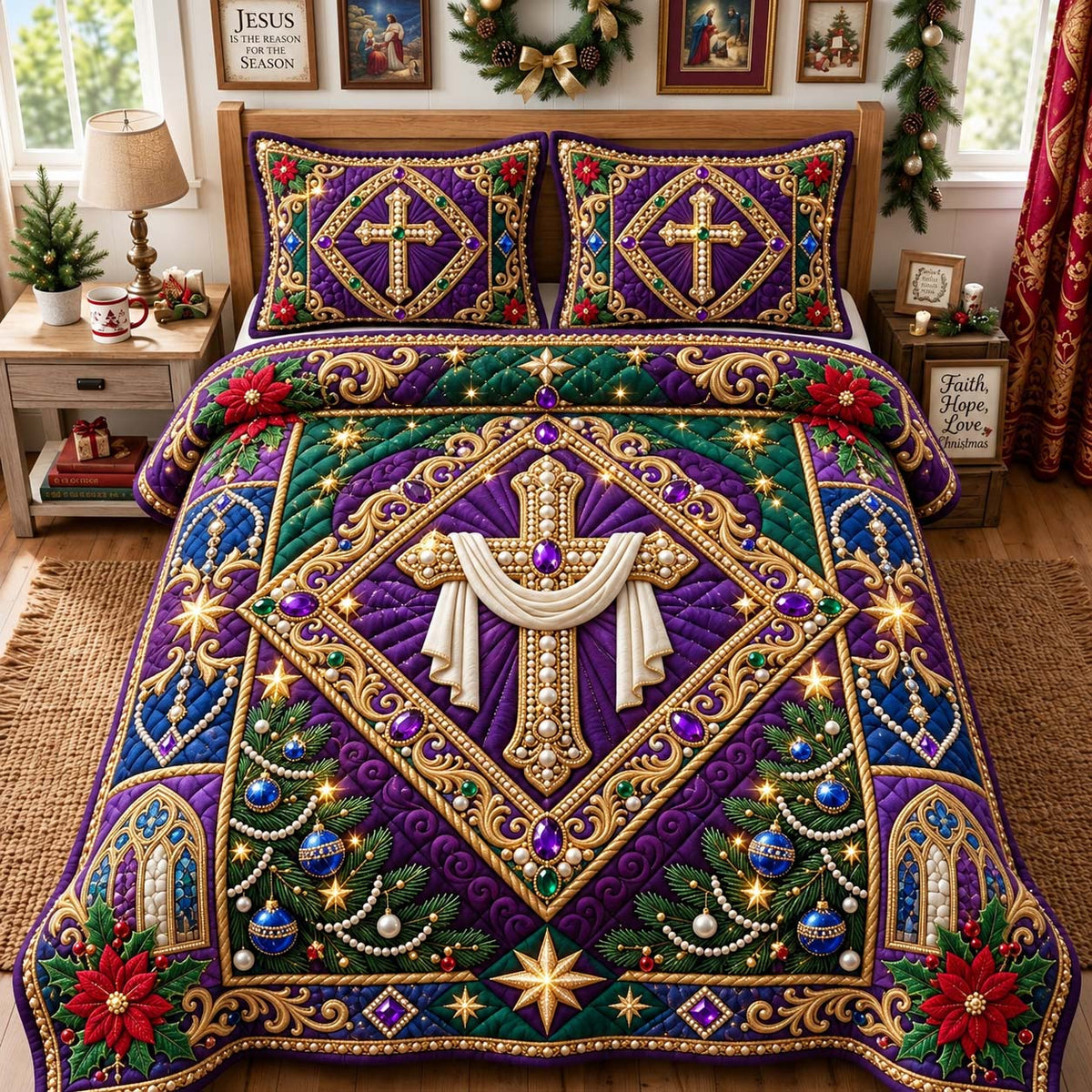 Royal Purple Faith Cross 3-Piece Quilted Bedding Set GFTONTD3823