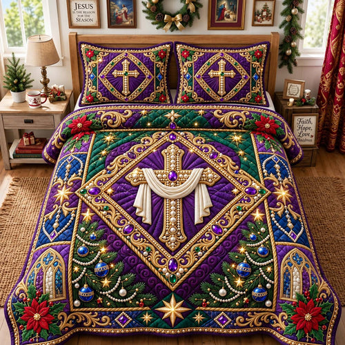 Royal Purple Faith Cross 3-Piece Quilted Bedding Set GFTONTD3823