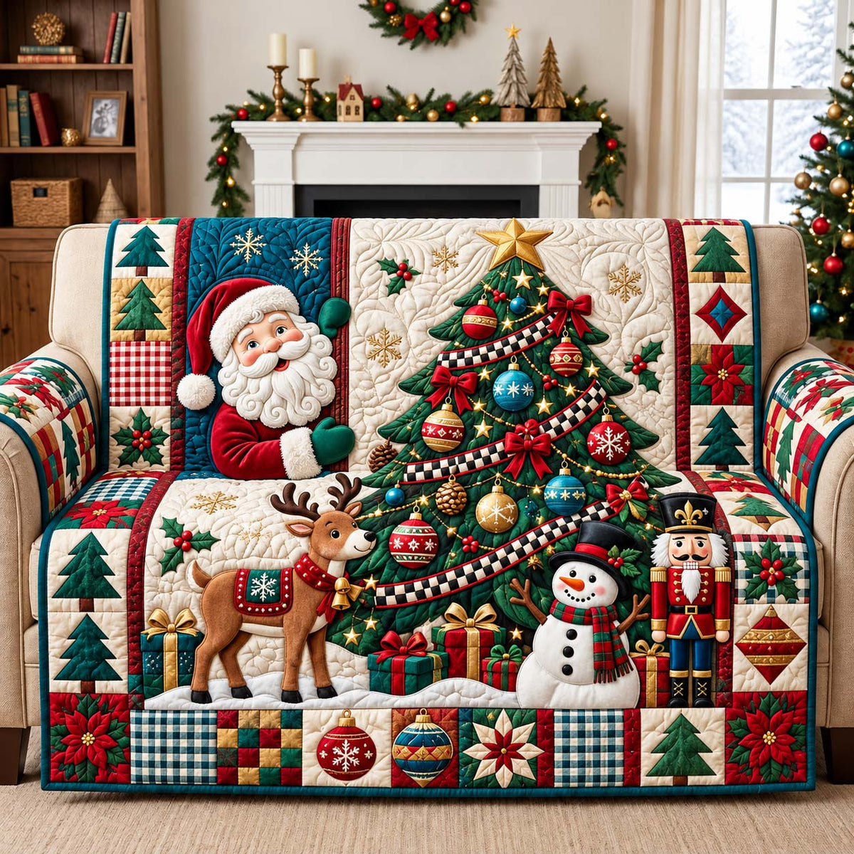 Santa Christmas Tree Quilted Sofa Cover GFTONTD3828
