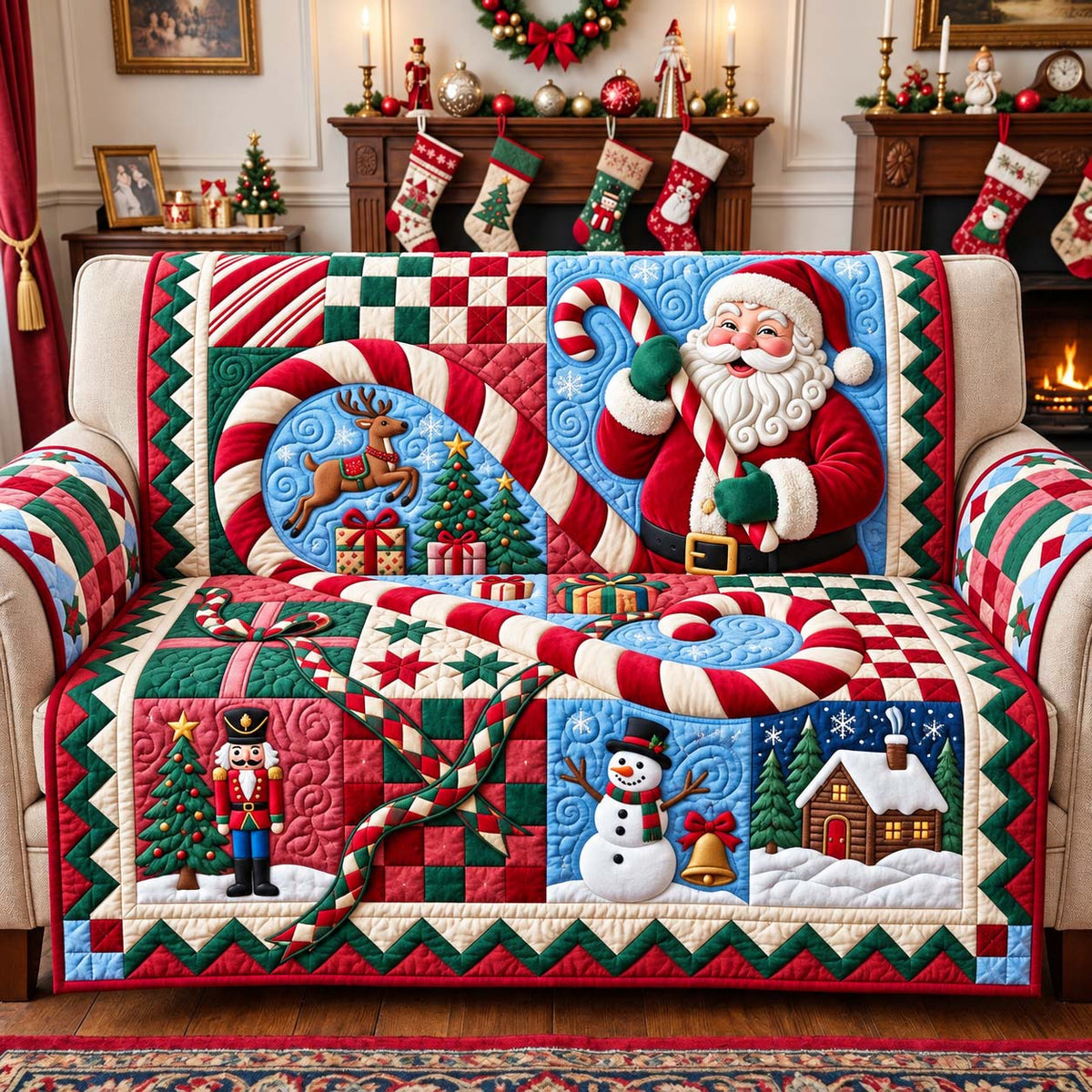 Santa Candy Cane Quilted Sofa Cover GFTONTD3830