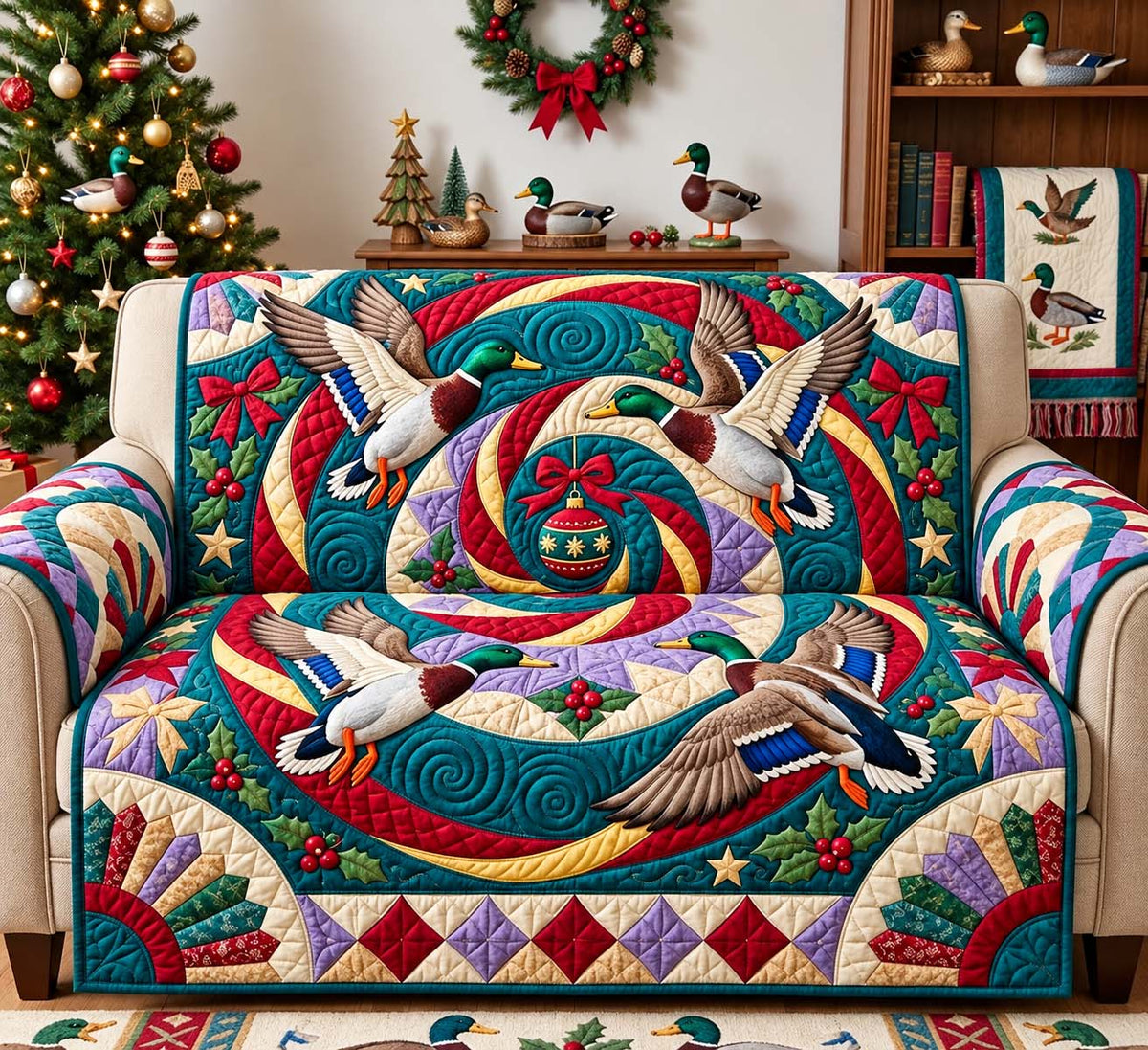 Christmas Mallard Swirl Quilted Sofa Cover GFTONTD3832