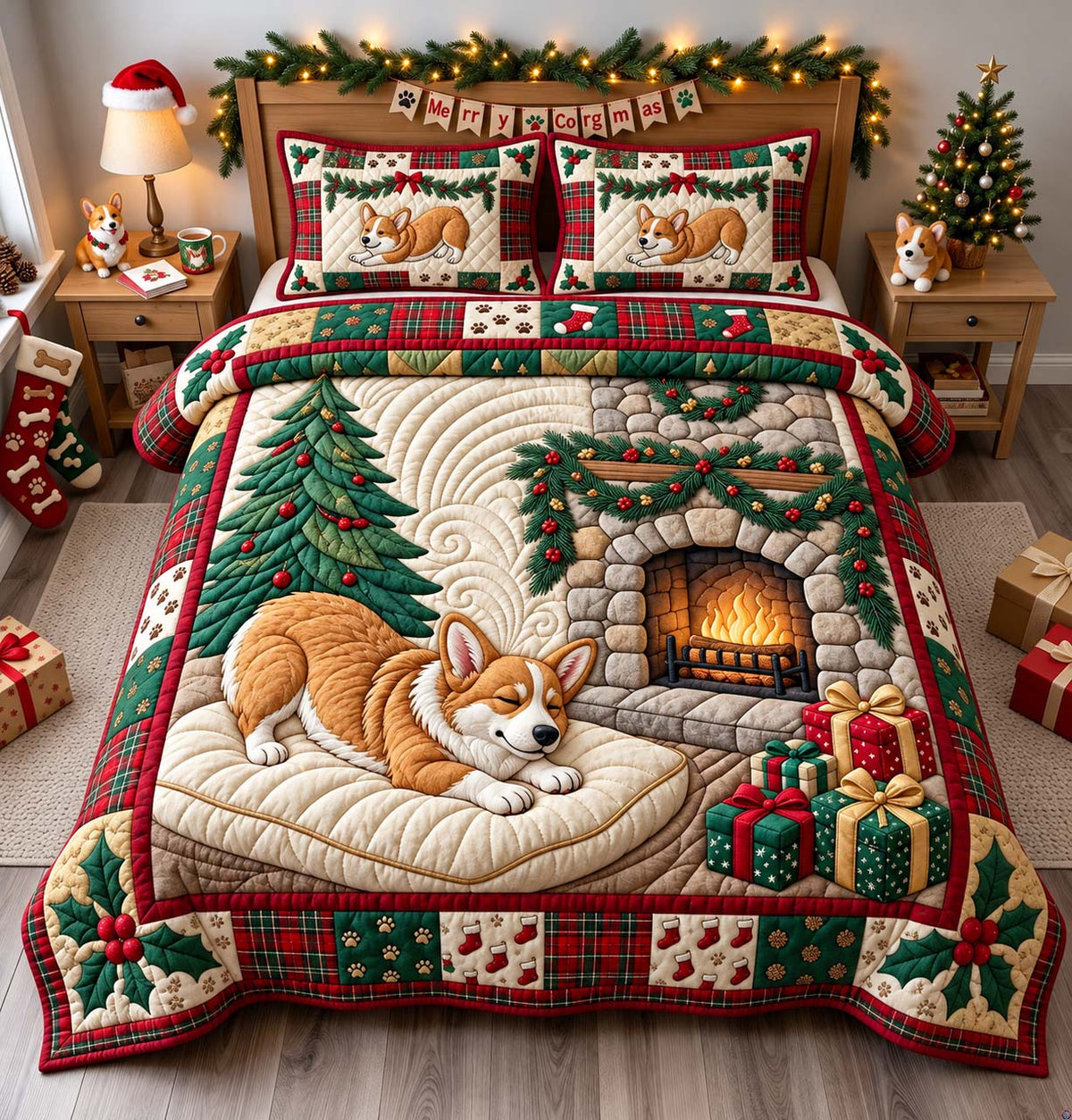 Cozy Corgi Fireplace 3-Piece Quilted Bedding Set GFTONTD3860