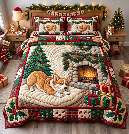 Cozy Corgi Fireplace 3-Piece Quilted Bedding Set GFTONTD3860