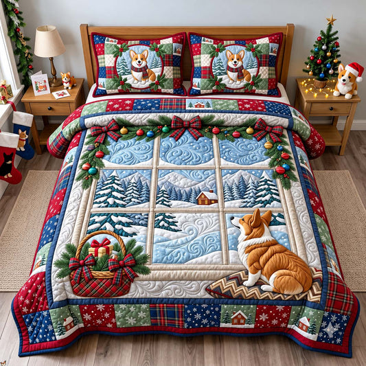 Corgi Winter Window 3-Piece Quilted Bedding Set GFTONTD3861