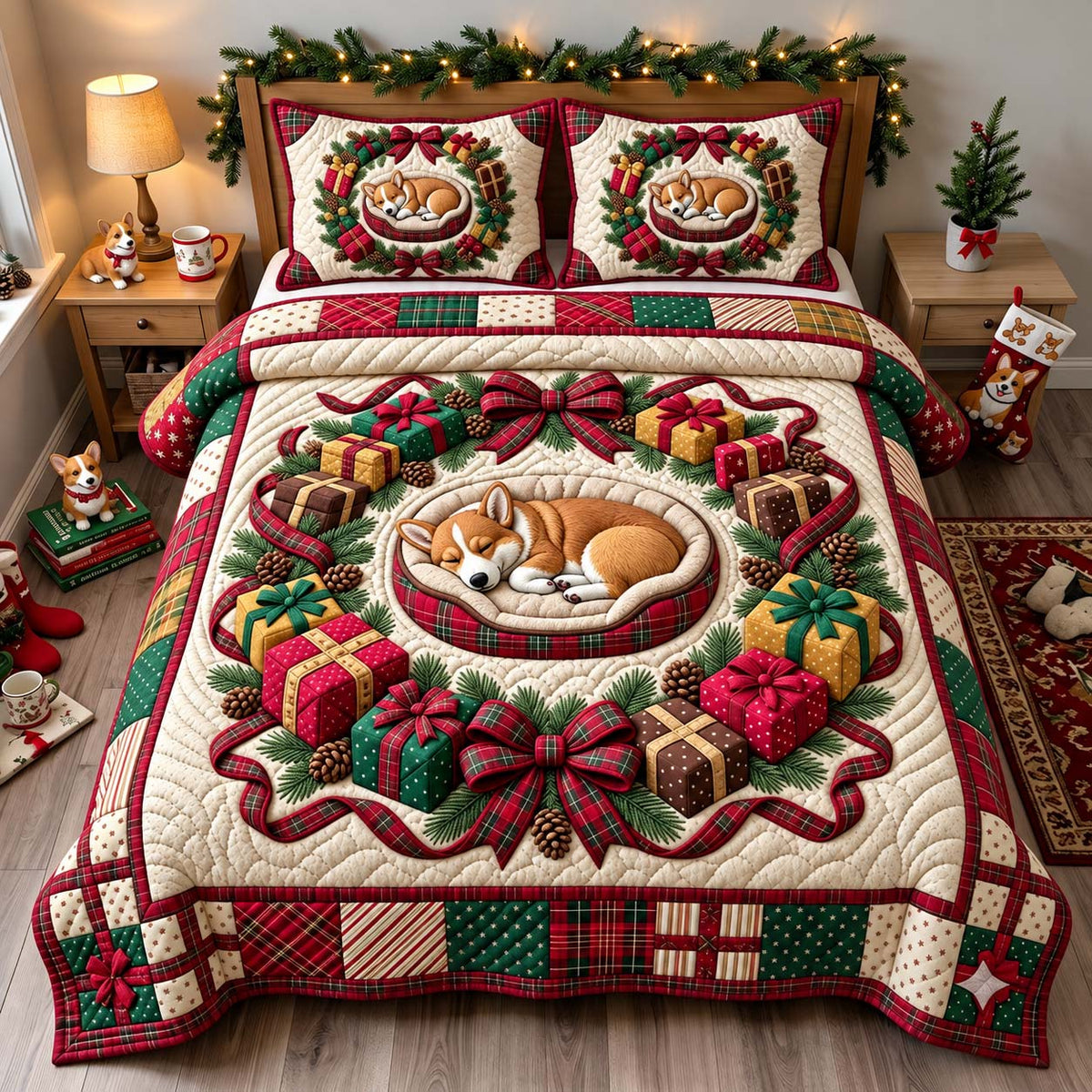 Sleeping Corgi Wreath 3-Piece Quilted Bedding Set GFTONTD3862