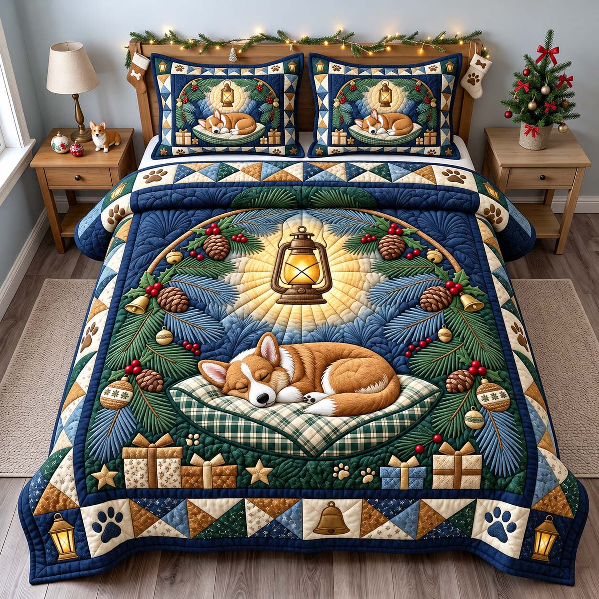 Lantern Corgi Dreams 3-Piece Quilted Bedding Set GFTONTD3864