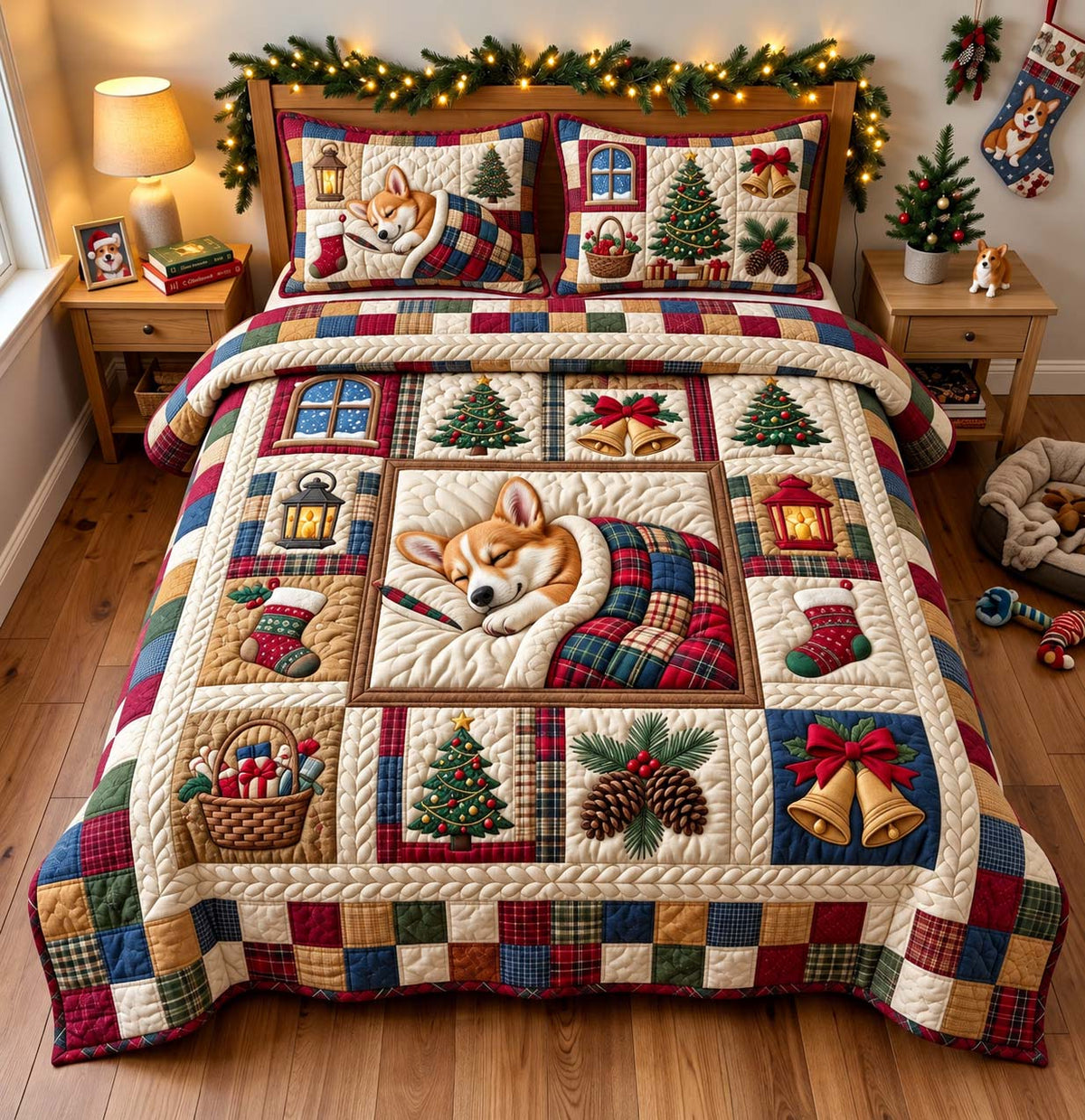 Cozy Corgi Patchwork 3-Piece Quilted Bedding Set GFTONTD3866