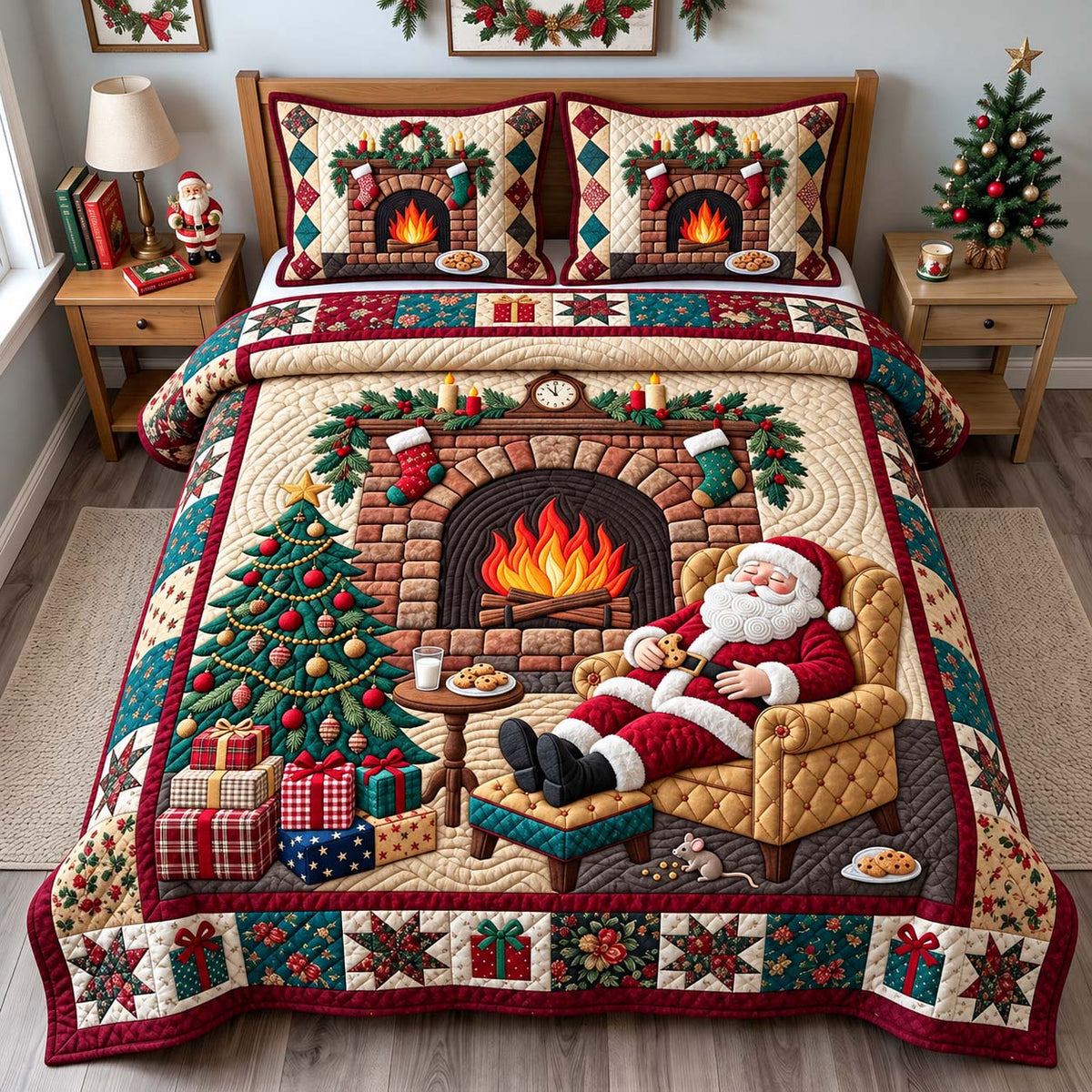 Santa Fireside Dreams 3-Piece Quilted Bedding Set GFTONTD3868