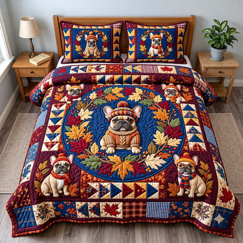 Autumn Frenchie Wreath 3-Piece Quilted Bedding Set GFTONTD3884