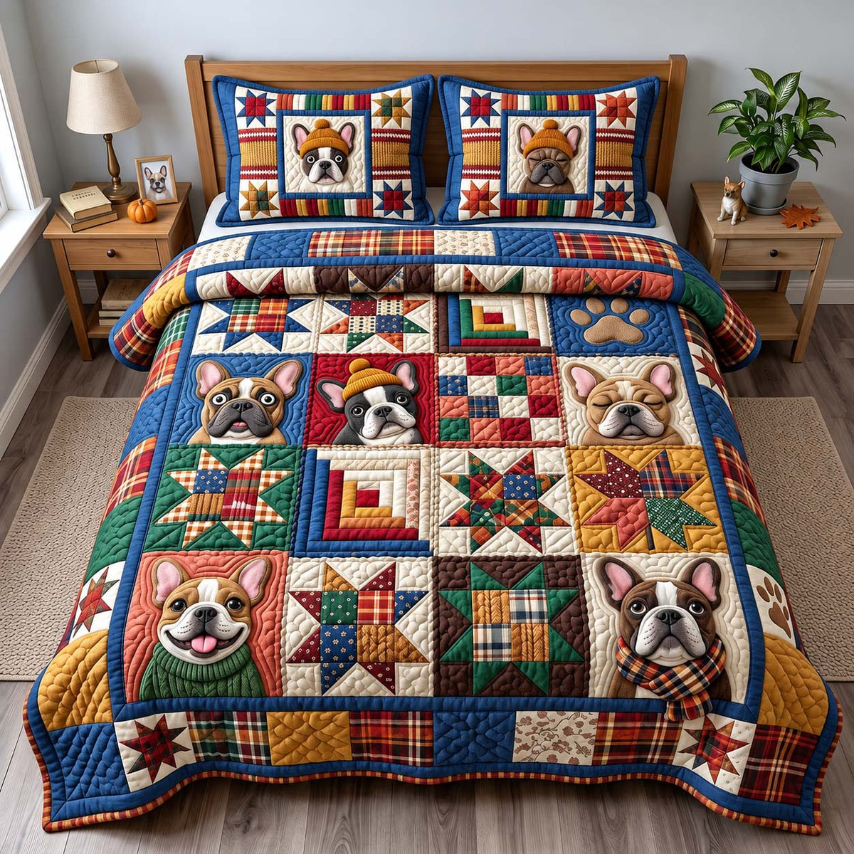 Frenchie Patchwork 3-Piece Quilted Bedding Set GFTONTD3885
