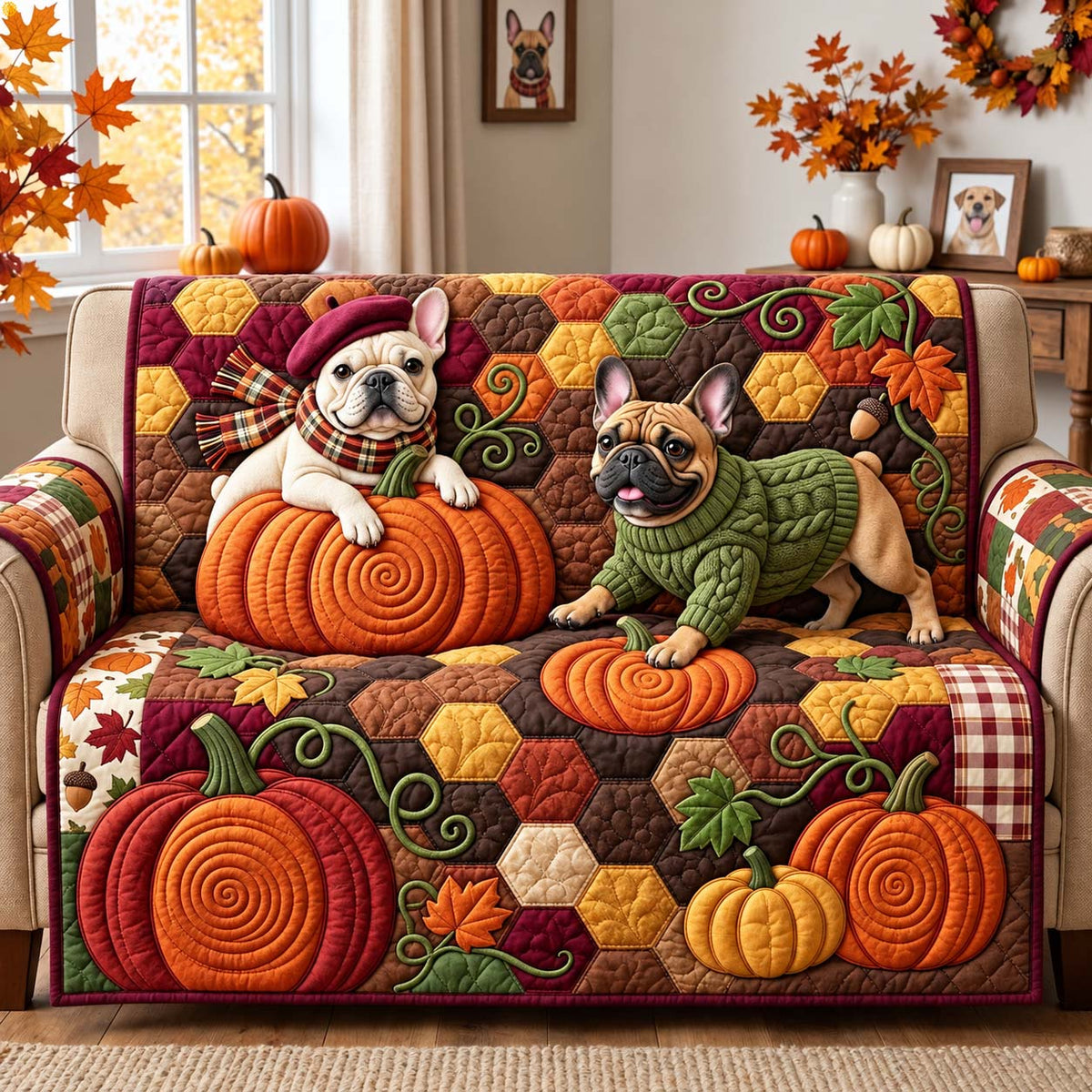 Pumpkin Patch Frenchies Quilted Sofa Cover GFTONTD3903