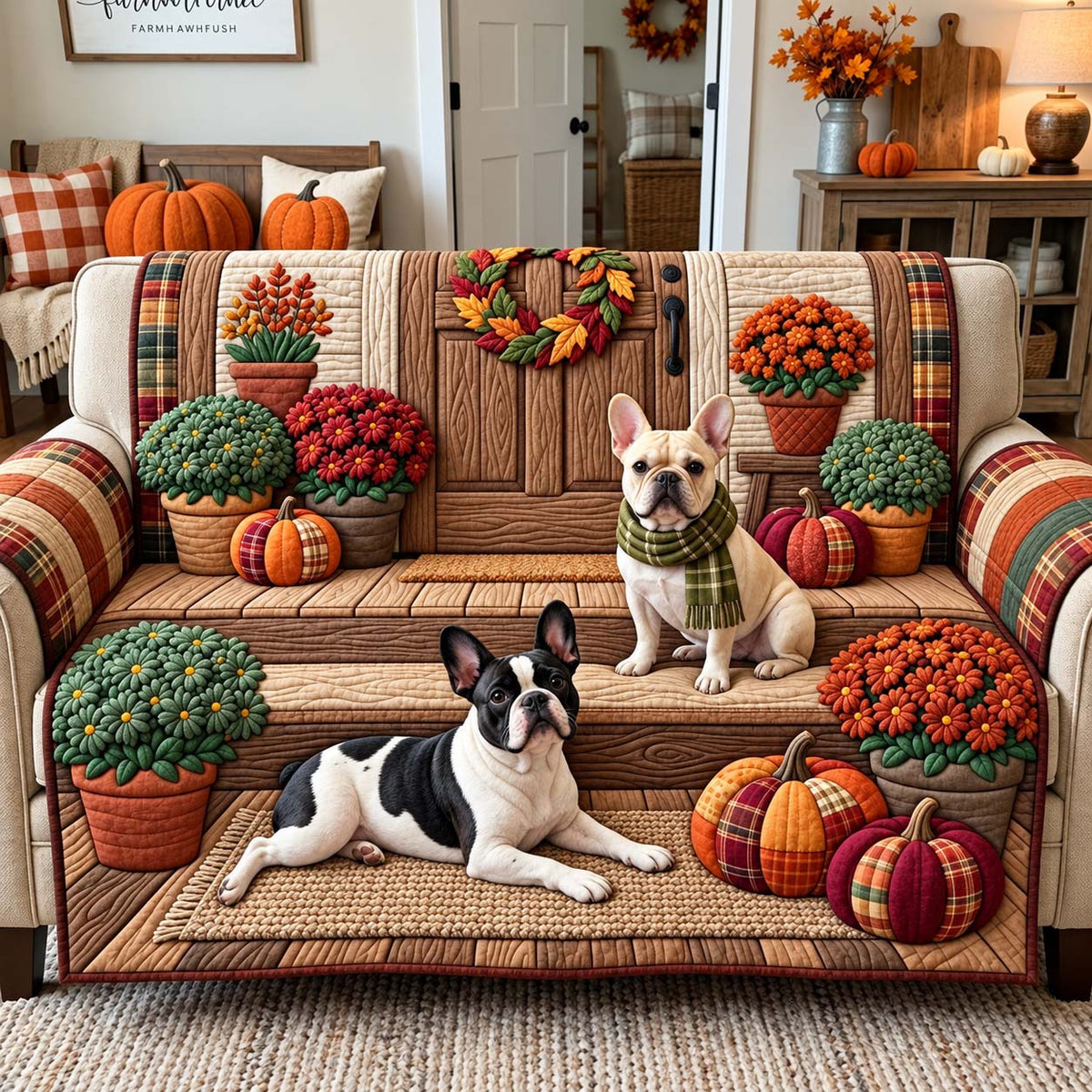 Farmhouse Fall Frenchies Quilted Sofa Cover GFTONTD3908