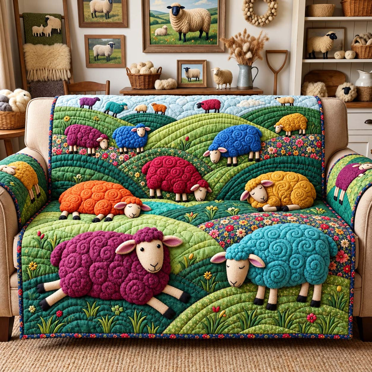 Rainbow Meadow Sheep Quilted Sofa Cover GFTONTD3917