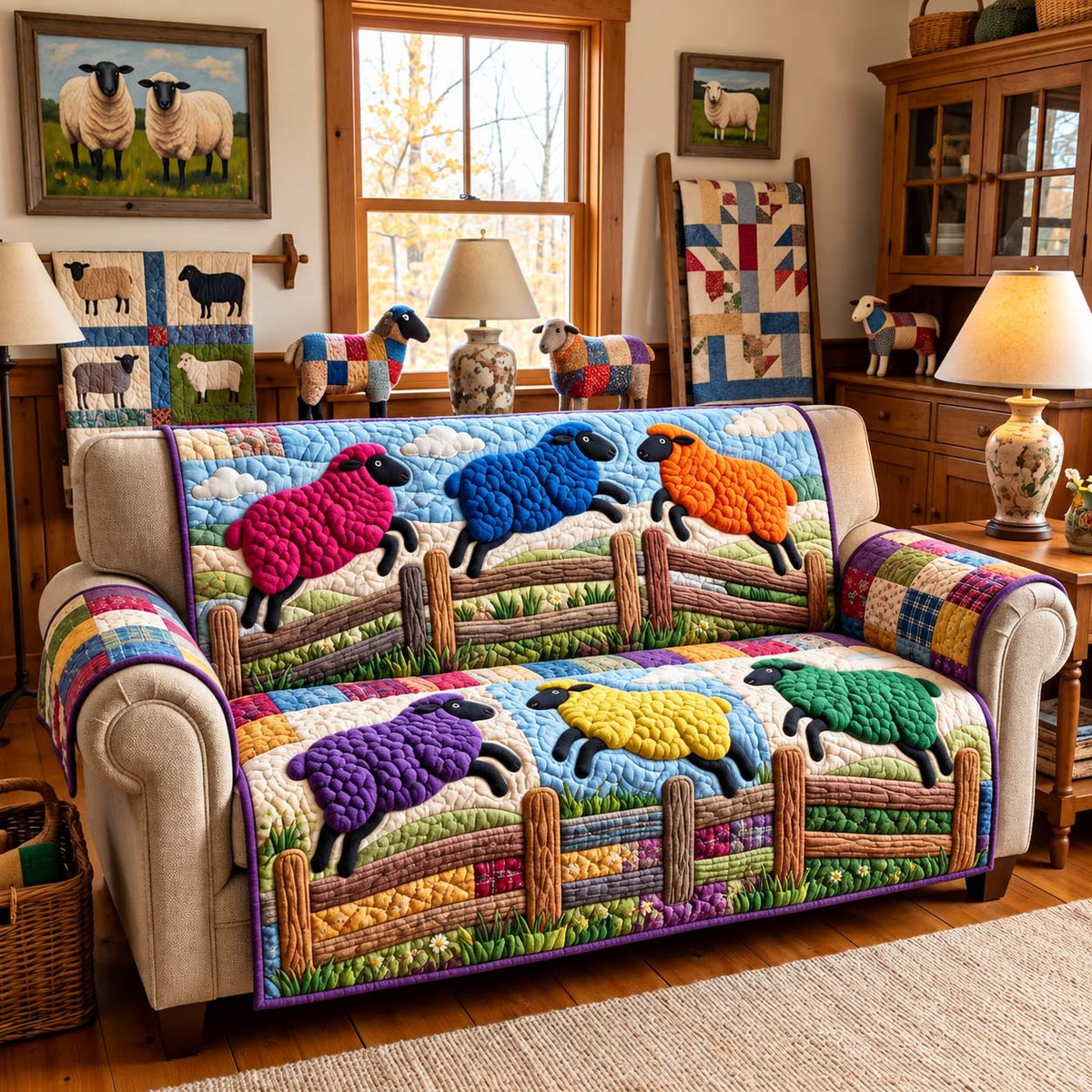 Sheep Fence Frolic Quilted Sofa Cover GFTONTD3919