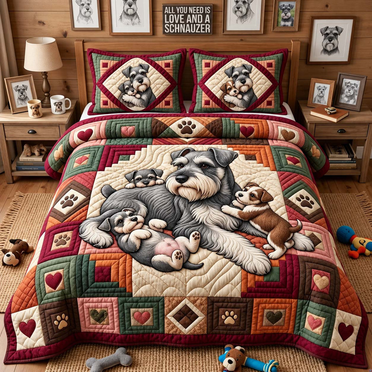 Schnauzer Family Love 3-Piece Quilted Bedding Set GFTONTD3924