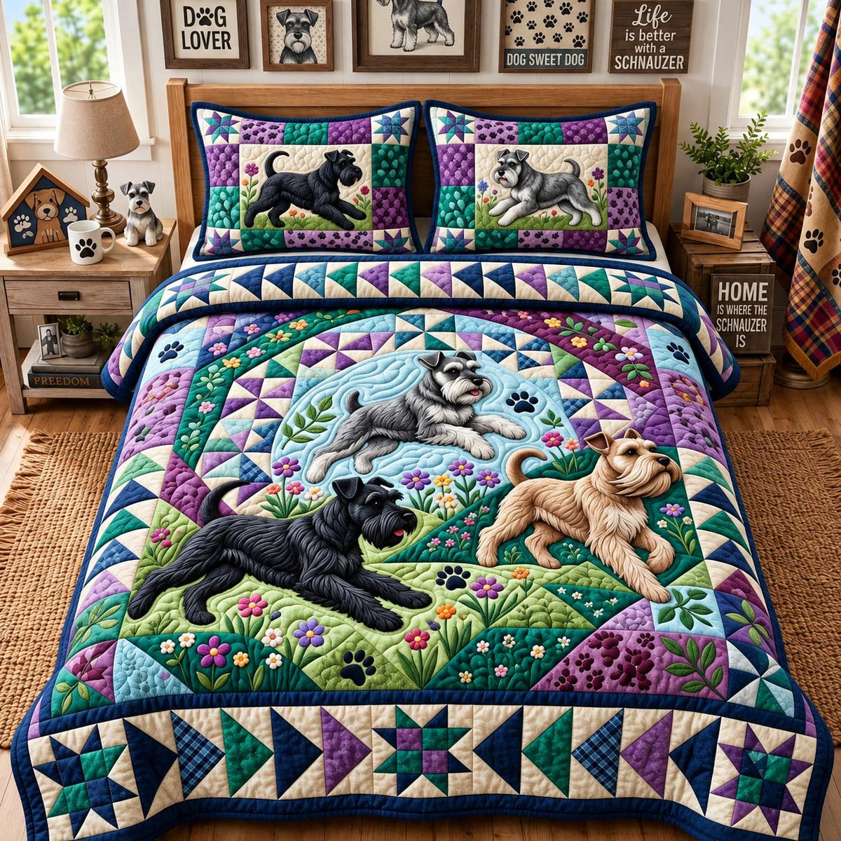 Schnauzer Garden Days 3-Piece Quilted Bedding Set GFTONTD3926
