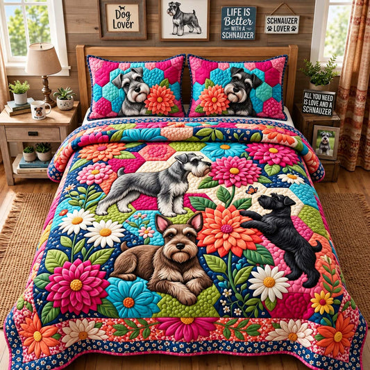 Blooming Schnauzers 3-Piece Quilted Bedding Set GFTONTD3928