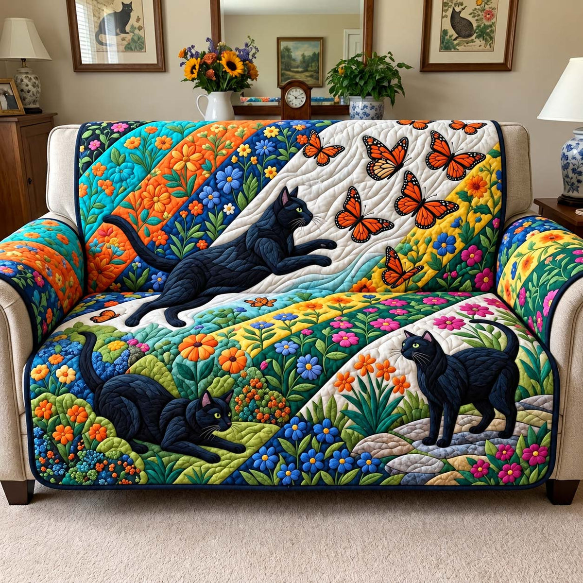 Butterfly Garden Cats Quilted Sofa Cover GFTONTD3953