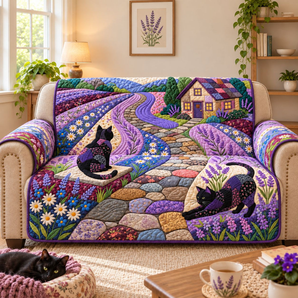Lavender Cottage Cats Quilted Sofa Cover GFTONTD3955