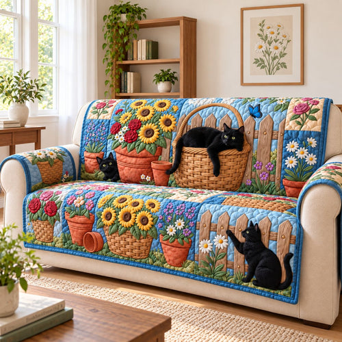 Cottage Garden Cats Quilted Sofa Cover GFTONTD3957