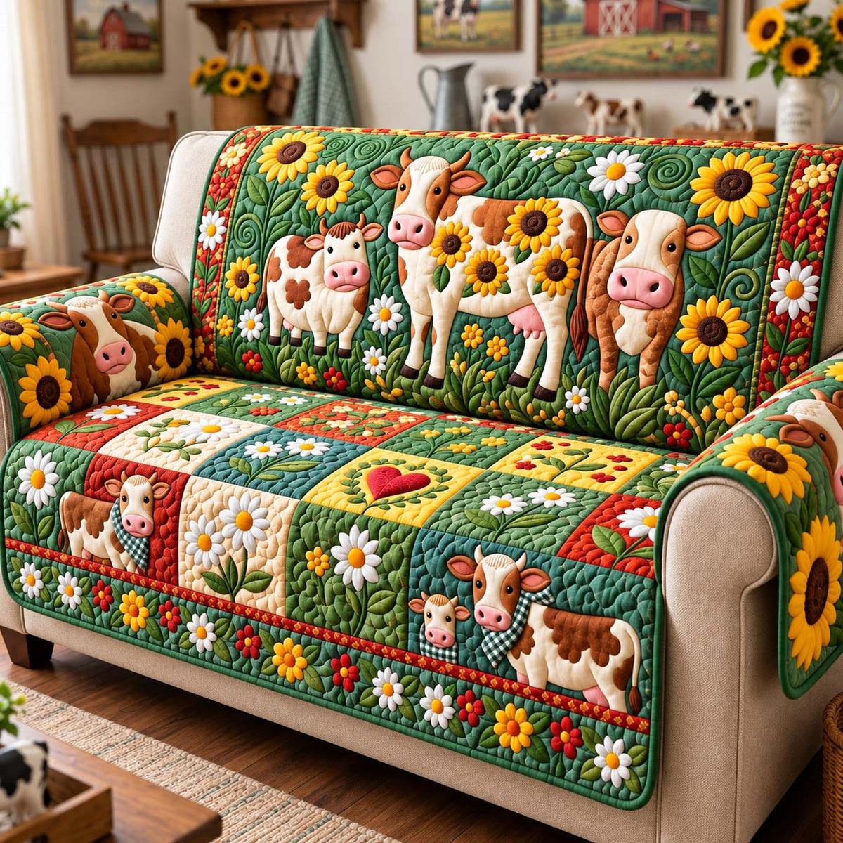 Sunflower Cow Meadow Quilted Sofa Cover GFTONTD3964