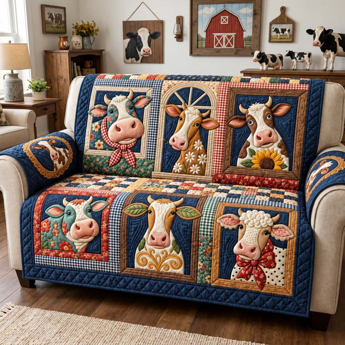 Farmhouse Cow Frames Quilted Sofa Cover GFTONTD3969