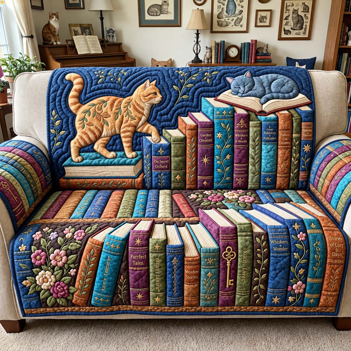 Whiskers And Storybooks Quilted Sofa Cover GFTONTD3999