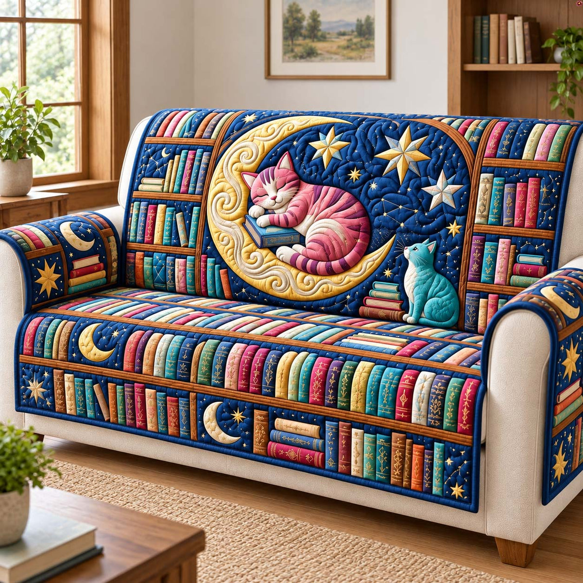Moonlit Book Cats Quilted Sofa Cover GFTONTD4003