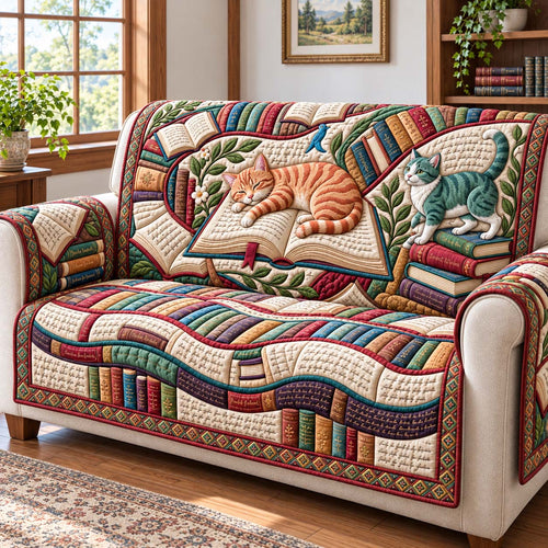 Vintage Reading Cats Quilted Sofa Cover GFTONTD4004