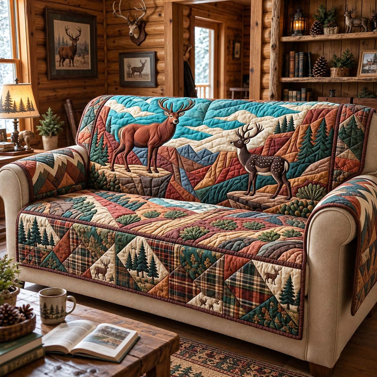 Highland Deer Lodge Quilted Sofa Cover GFTONTD4009