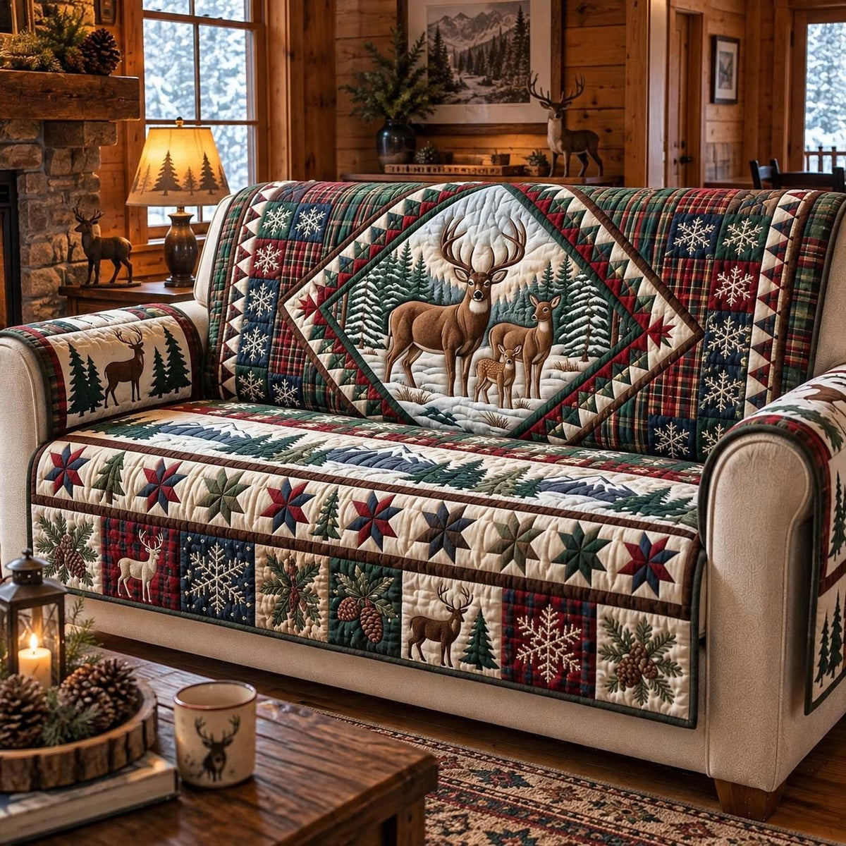 Winter Stag Family Quilted Sofa Cover GFTONTD4010