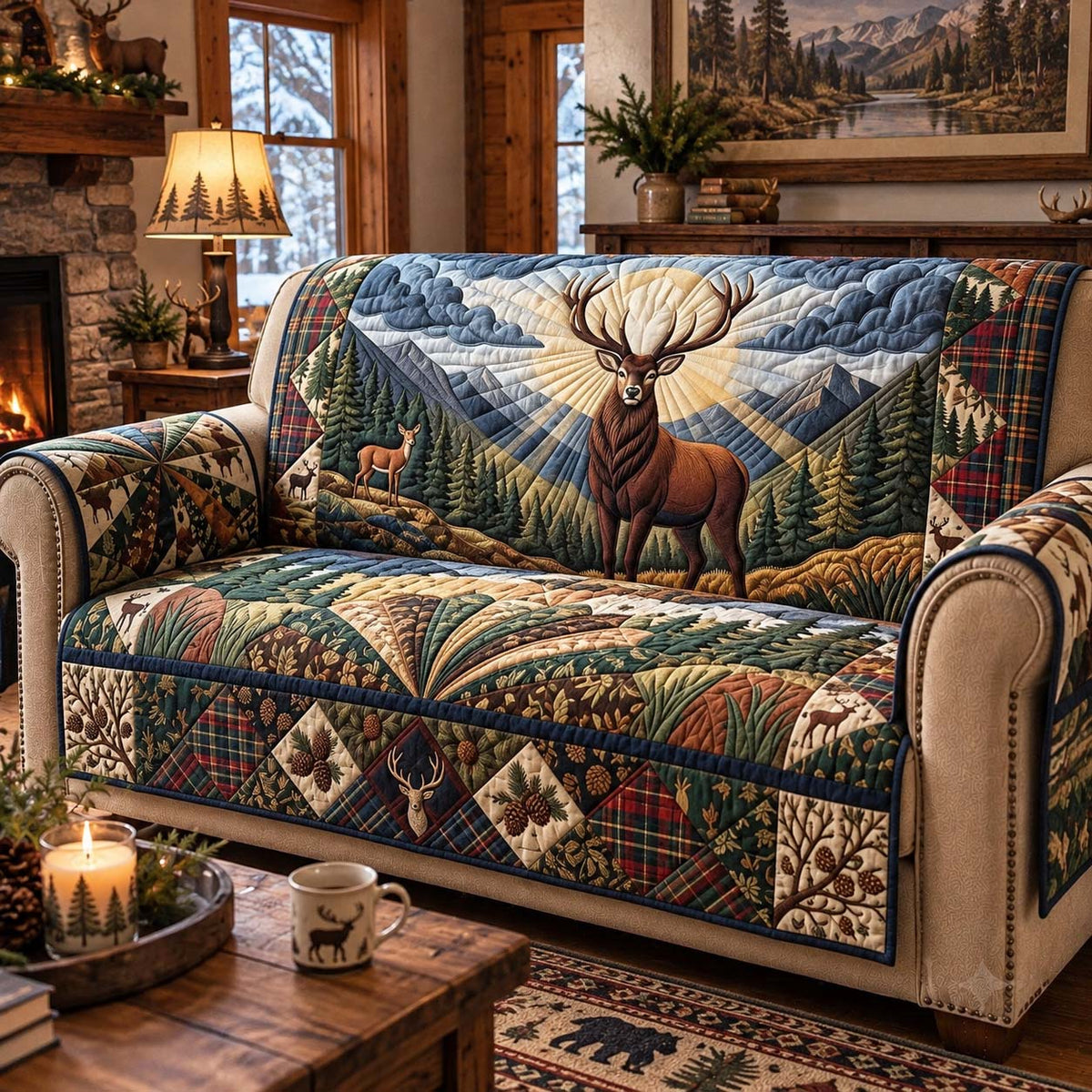 Majestic Forest Buck Quilted Sofa Cover GFTONTD4012