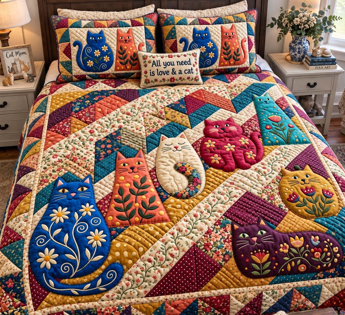 Whimsical Cat Garden 3-Piece Quilted Bedding Set GFTONTD4013