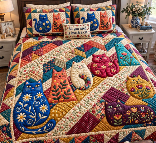 Whimsical Cat Garden 3-Piece Quilted Bedding Set GFTONTD4013