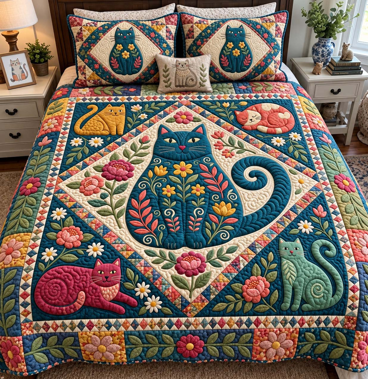Folk Floral Cat 3-Piece Quilted Bedding Set GFTONTD4014