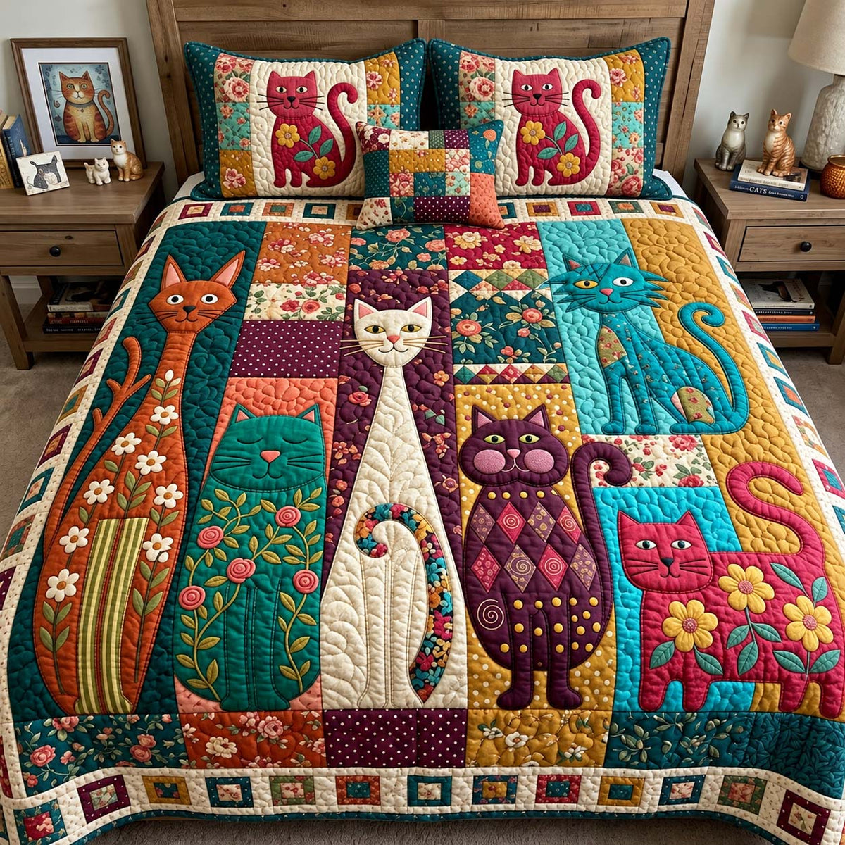 Colorful Cat Parade 3-Piece Quilted Bedding Set GFTONTD4015