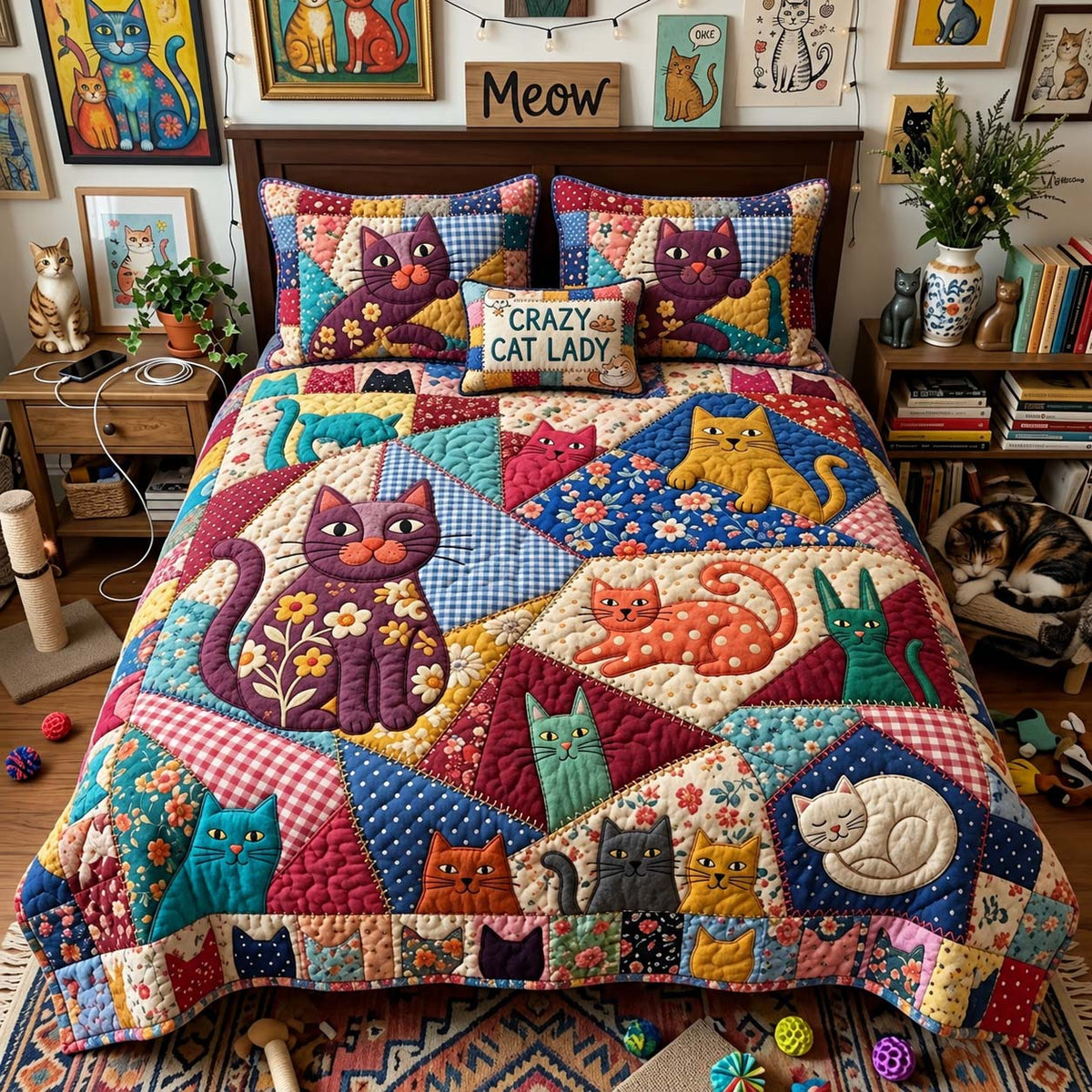 Crazy Cat Patchwork 3-Piece Quilted Bedding Set GFTONTD4017
