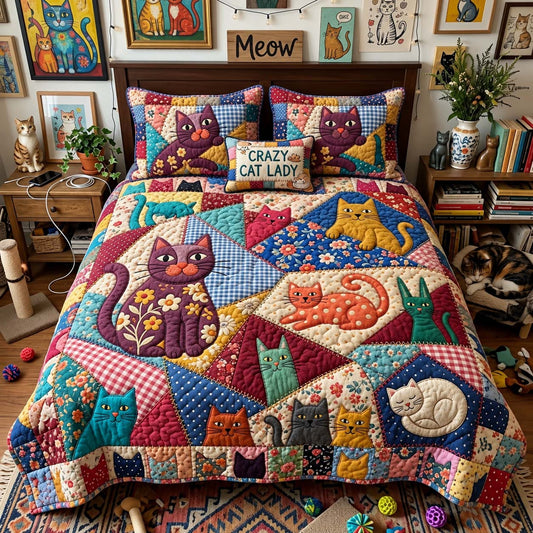 Crazy Cat Patchwork 3-Piece Quilted Bedding Set GFTONTD4017