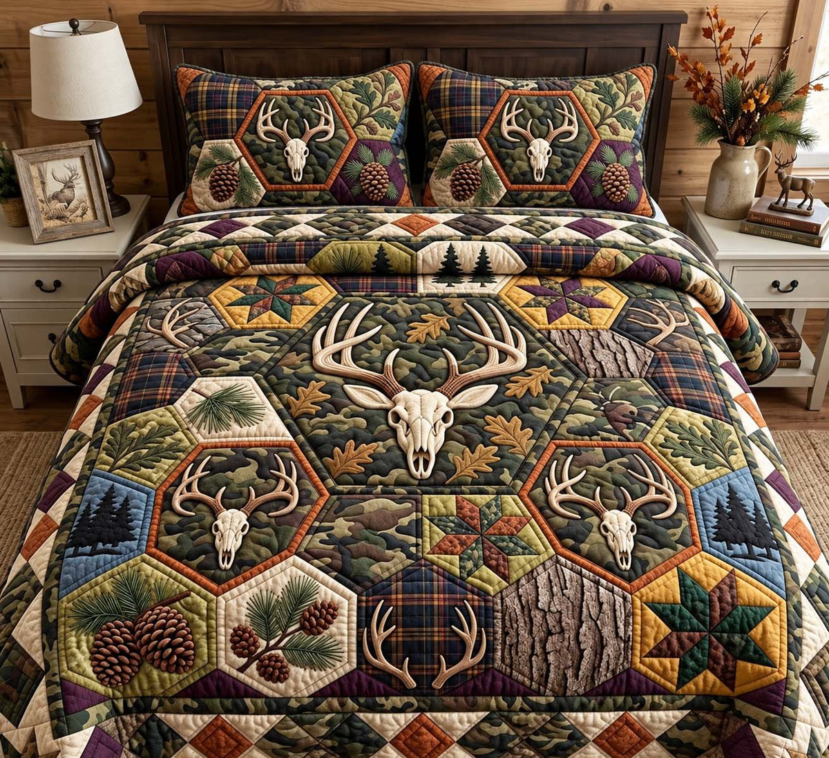 Whitetail Hex Patch 3-Piece Quilted Bedding Set GFTONTD4024