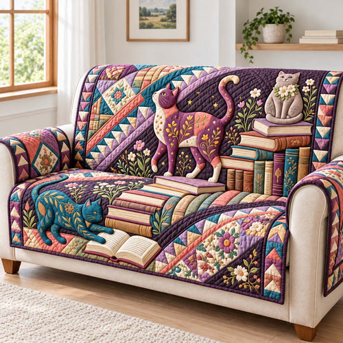 Whimsical Book Cats Quilted Sofa Cover GFTONTD4043