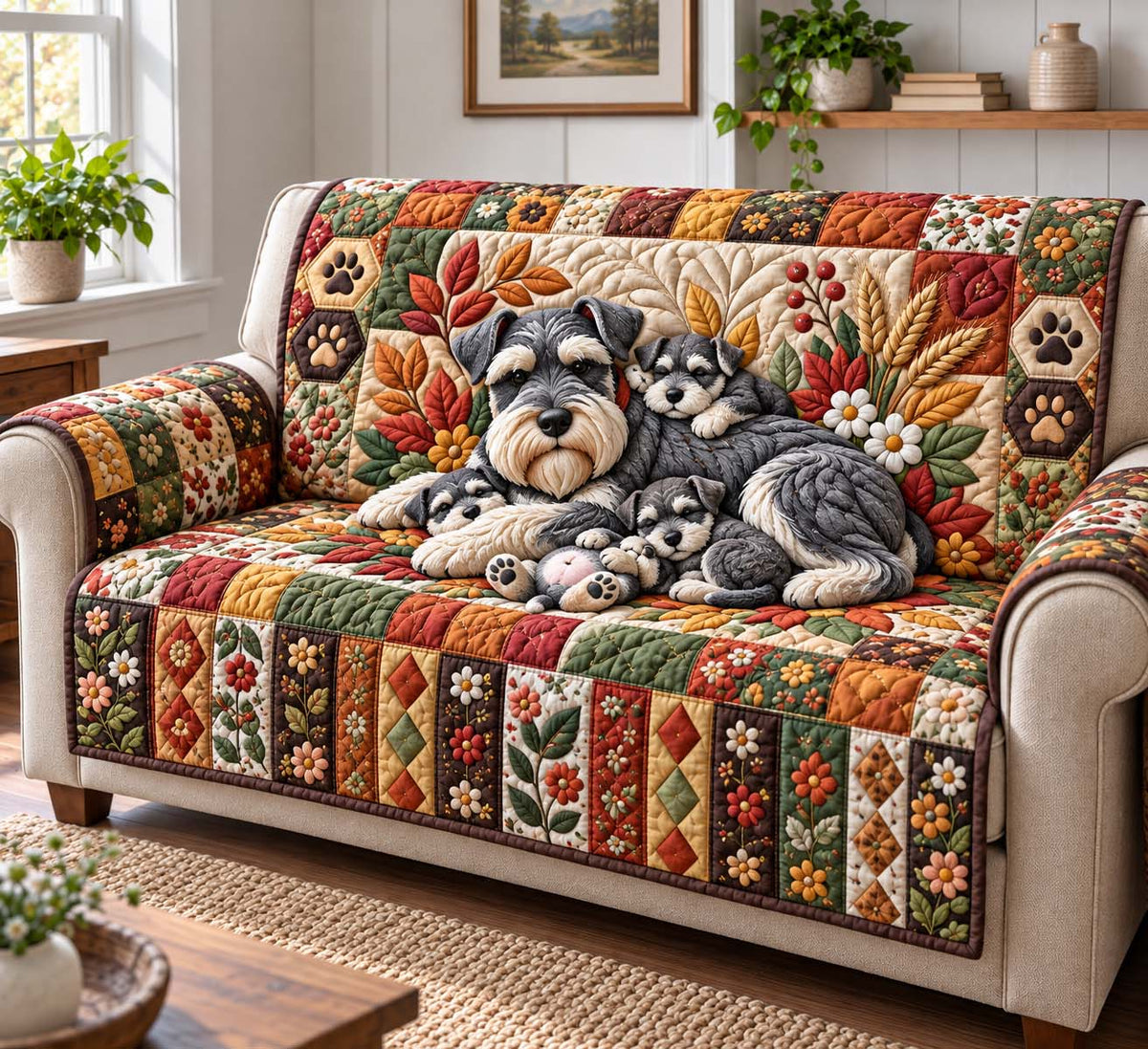Schnauzer Paw Parade Quilted Sofa Cover GFTONTD4047