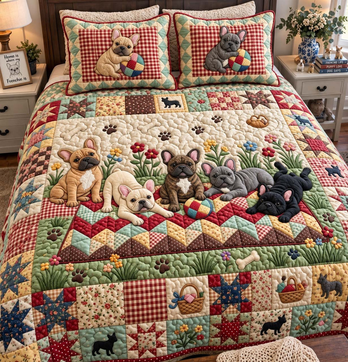 Moonlight Frenchie Dreams 3-Piece Quilted Bedding Set GFTONTD4054