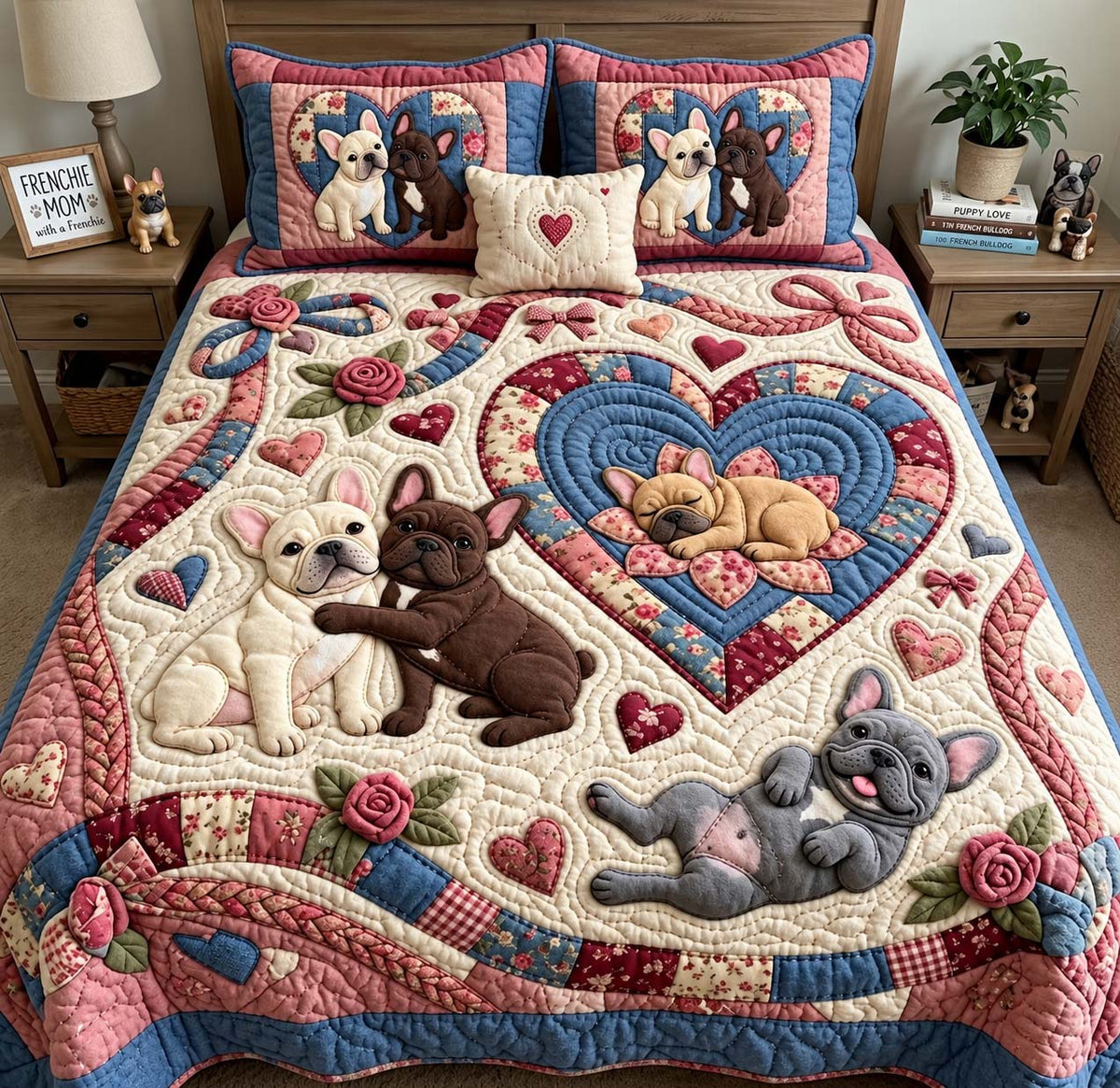 Frenchie Puppy Picnic 3-Piece Quilted Bedding Set GFTONTD4055