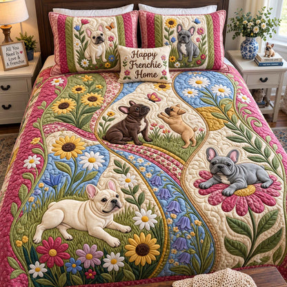 Frenchie Love Story 3-Piece Quilted Bedding Set GFTONTD4056