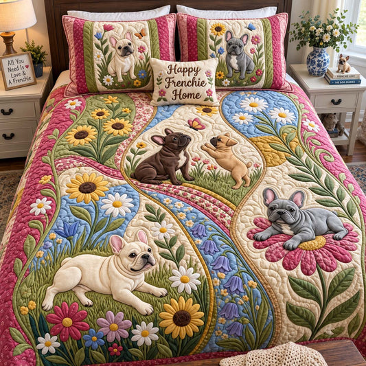 Frenchie Love Story 3-Piece Quilted Bedding Set GFTONTD4056
