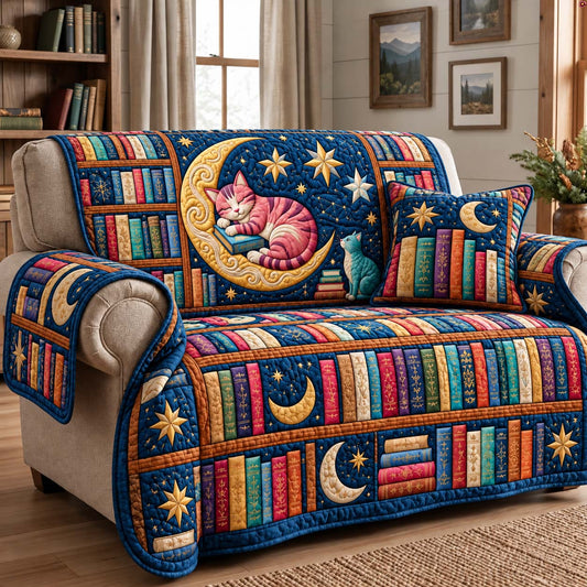Moonlit Book Cats Quilted Sofa Cover GFTONTD4067