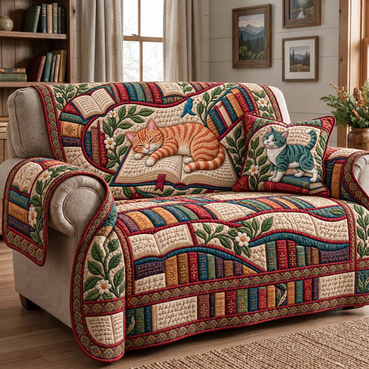 Vintage Reading Cats Quilted Sofa Cover GFTONTD4068