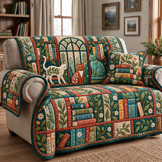 Garden Library Cats Quilted Sofa Cover GFTONTD4069