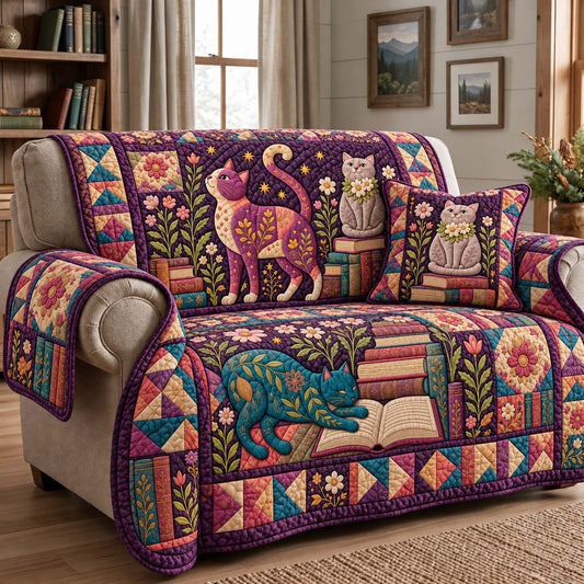 Whimsical Book Cats Quilted Sofa Cover GFTONTD4071